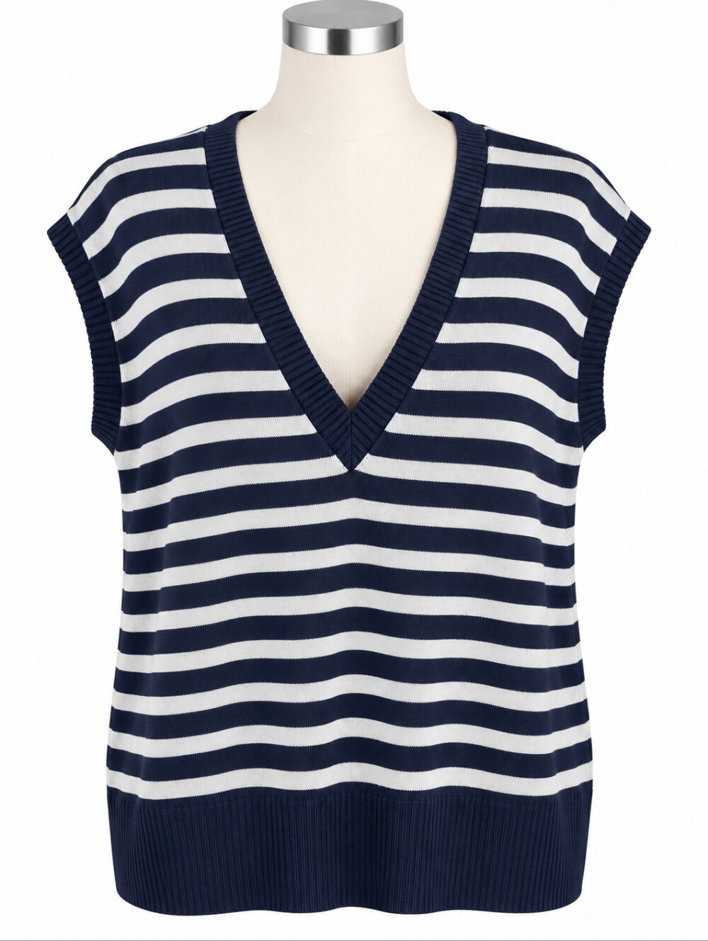 Lane Bryant Sweater Vest 18/20 XL Plus Size Striped V-Neck Knit Sleeveless Navy